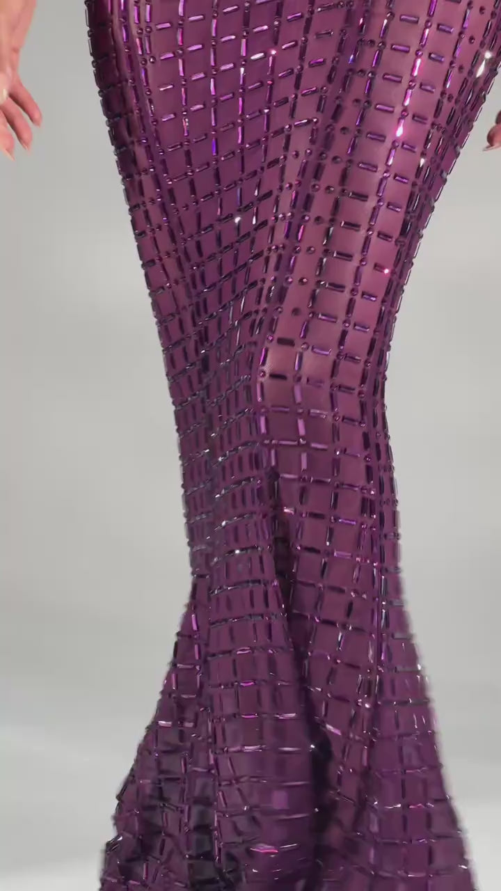 Deep Purple Mirror Tile Geometric Sequin Bodycon Dress – Strapless Party Gown