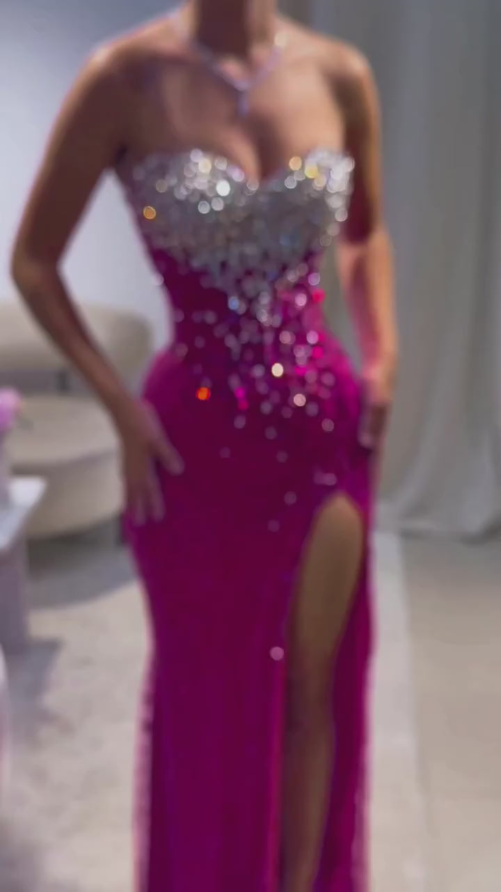 Hot Pink Crystal Embellished Strapless Mermaid Gown – Slit Evening Dress