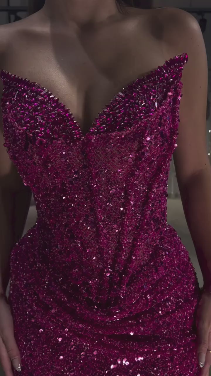 Deep Magenta Off-Shoulder Crystal Beaded Sequin Gown – Luxury Evening Dress